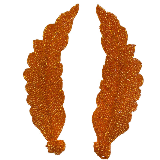 Orange Beaded Leaf Appliqué Pair, 7" x 3"
