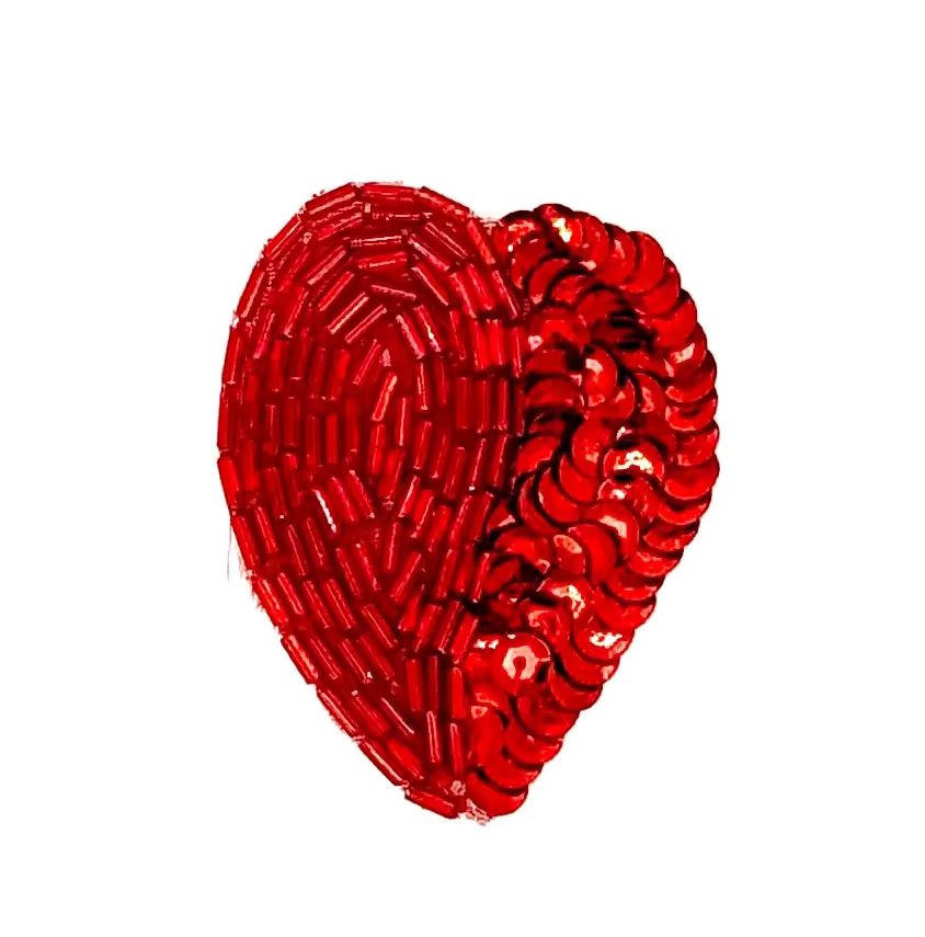 Aplique de Hoja en Forma de Corazón - Lentejuelas/Cuentas Rojas 5 cm x 3.8 cm