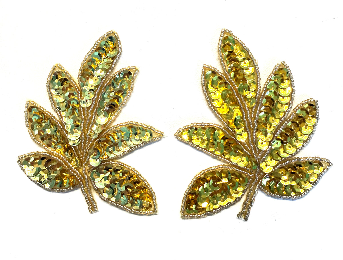 Leaf Appliqué Pair - Bright Gold Sequins - Silver Glass Beads 4" x 3.25"