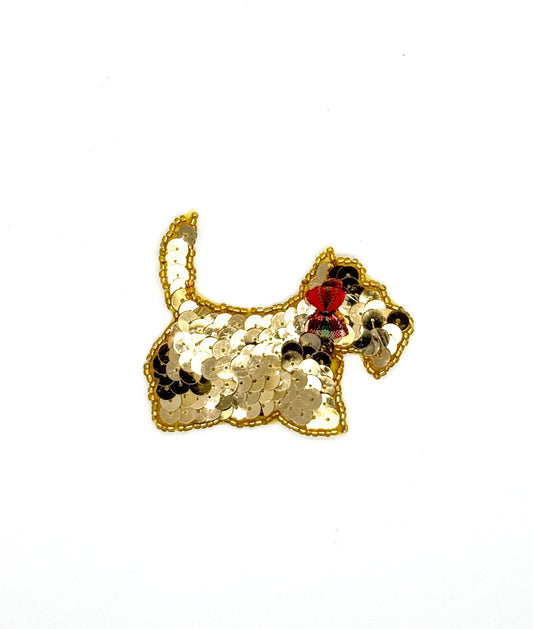 Scottie Dog with Gold Sequins and Beads and a Plaid Bow 3” x 2.25”