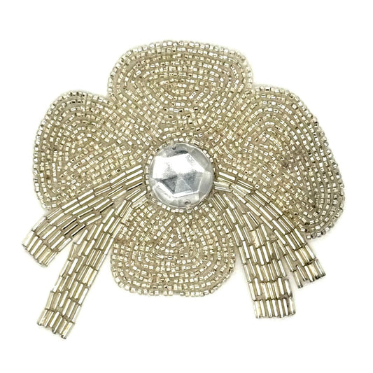 Silver Beaded Flower Appliqué with Gem Center – 4.5" x 4"