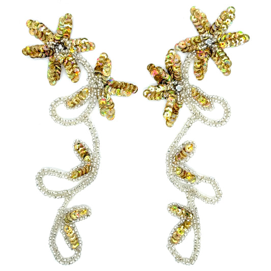 Gold Laser Sequin Flower Appliqué with Silver Beads & Rhinestones, 7.5" x 3"
