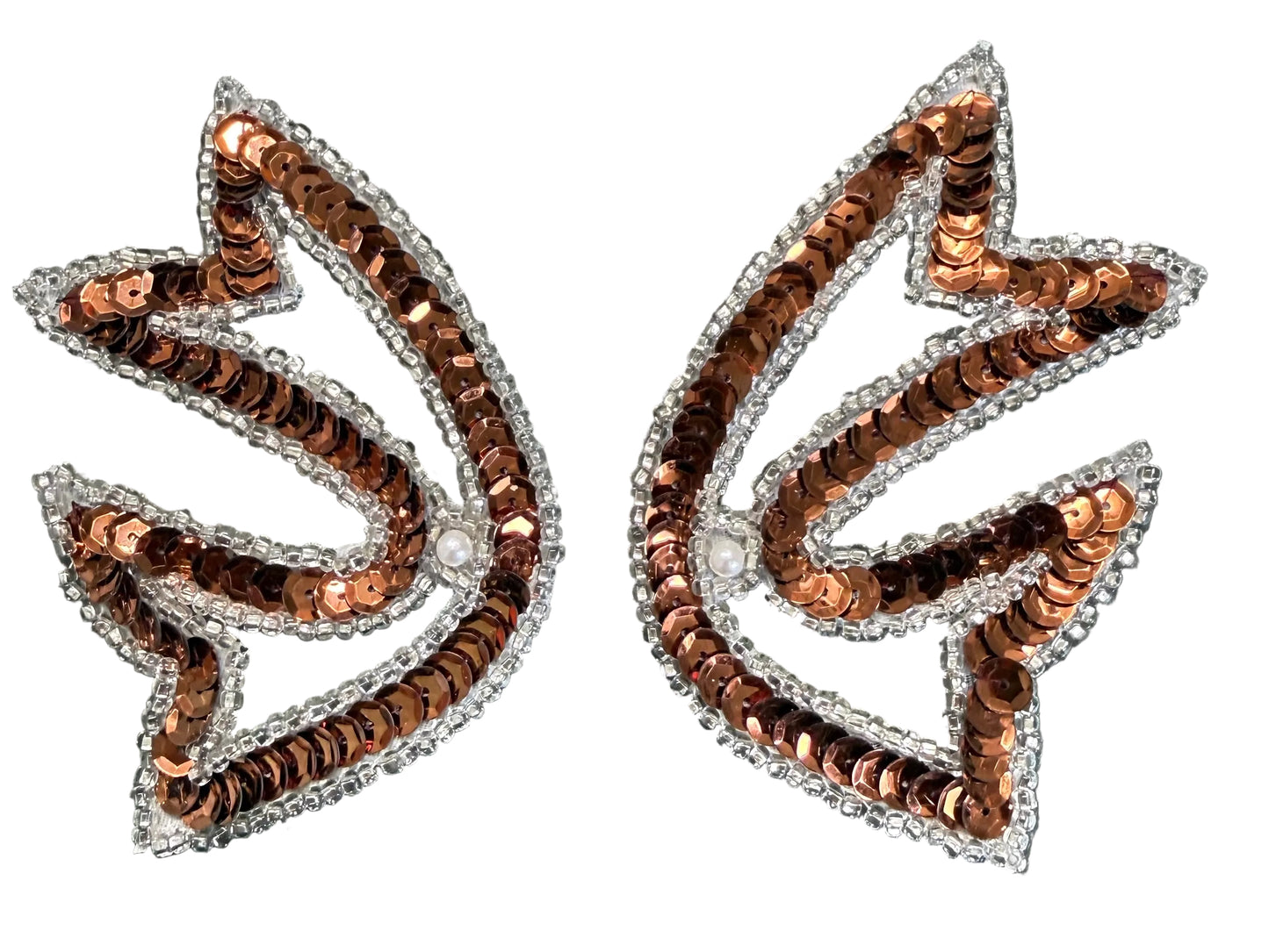 Designer Motif Pair or Single - Bronze Sequins - Silver Glass Beads - Pearl 3.5" x 3.5"
