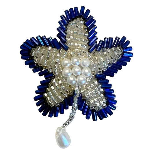Royal Blue & Silver Beaded Flower Appliqué, 2" x 2"