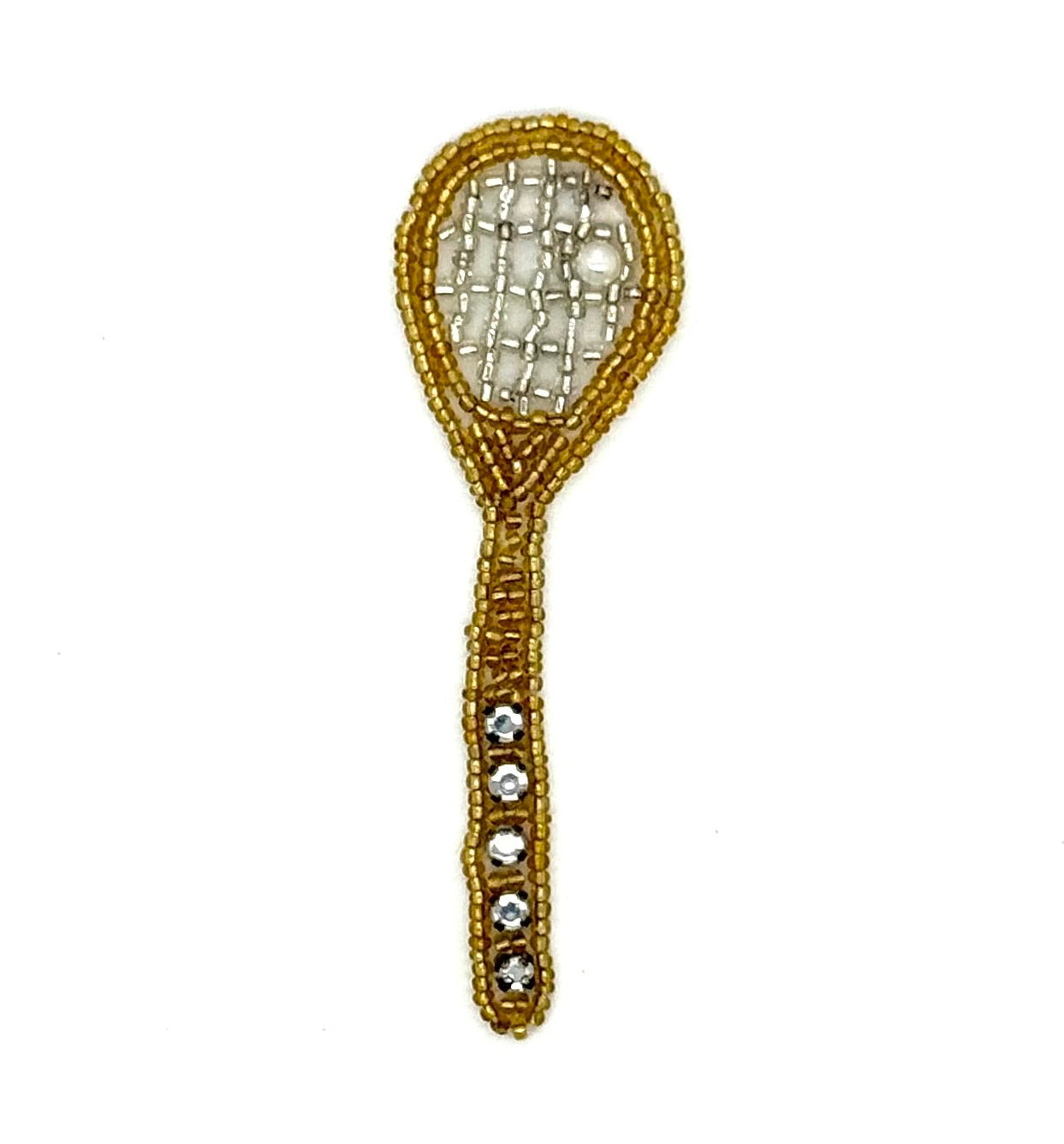 Aplicación de raqueta de tenis con cuentas de oro y plata con diamantes de imitación en el mango y una pelota de tenis de perlas de 10.16 cm x 3.17 cm