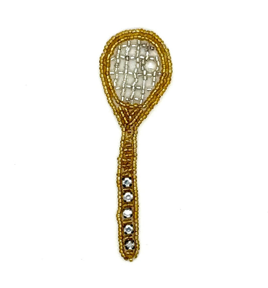 Aplicación de raqueta de tenis con cuentas de oro y plata con diamantes de imitación en el mango y una pelota de tenis de perlas de 10.16 cm x 3.17 cm