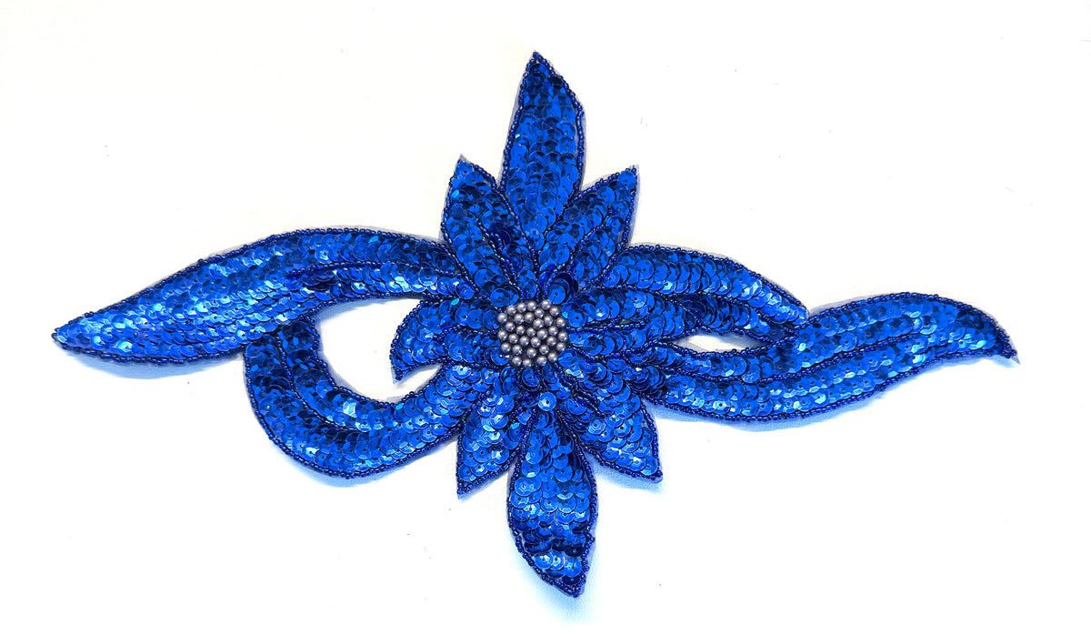 Royal Blue Sequin & Glass Bead Flower Appliqué – 2 Styles, 12.5" x 7.5"