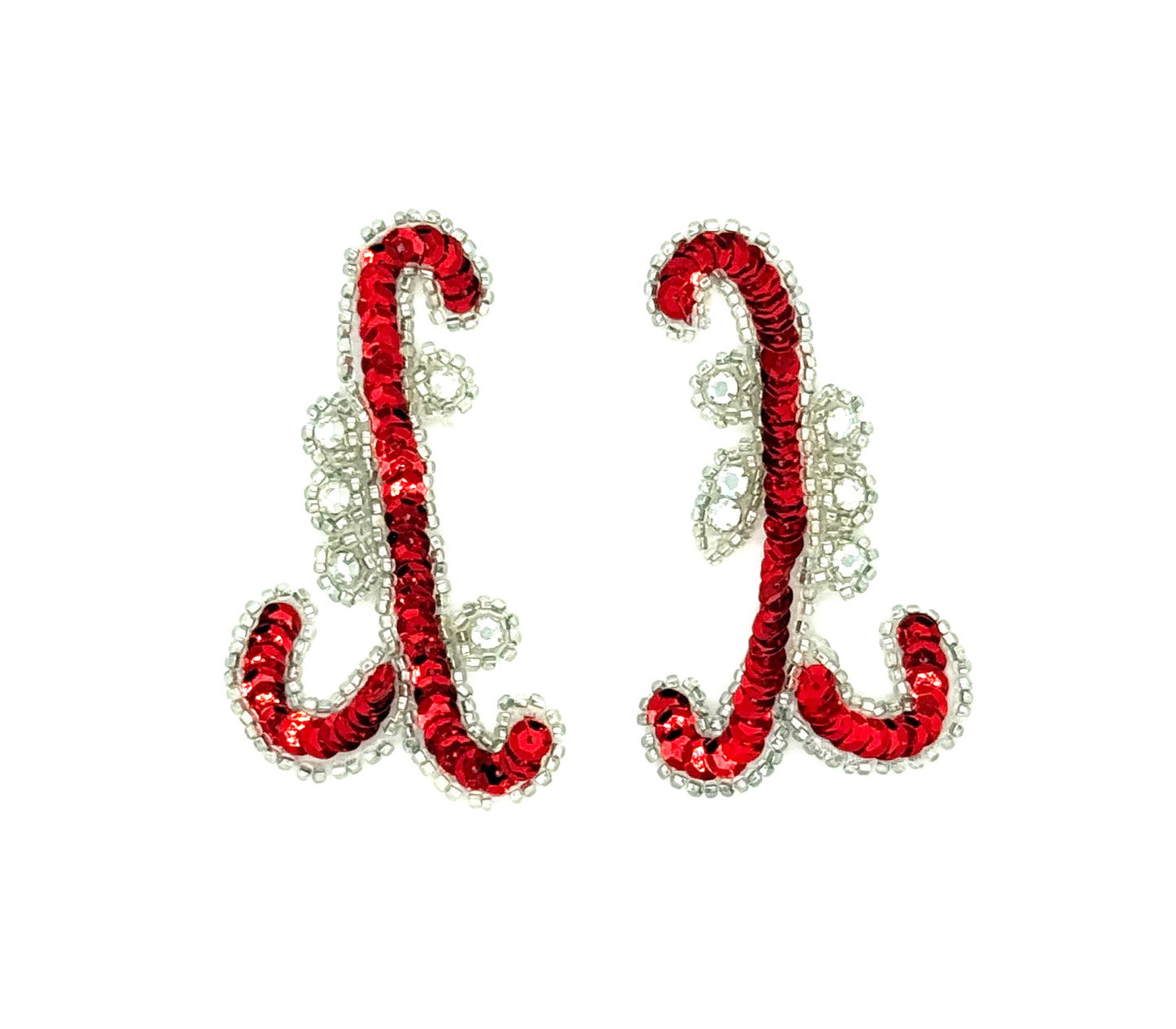 Designer Motif Pair - Rhinestones - Red Sequins - Silver Beaded Trim 3.25”x 2”