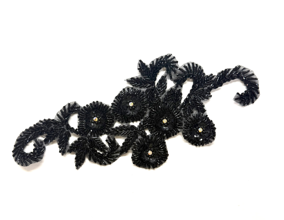 Floral Vine Appliqué - Black Bugle Beads - AB Rhinestone Centers 10" x 4.75"