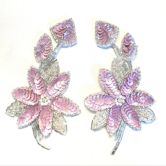 Light Lavender Sequin Flower Appliqué with Silver Beads & Rhinestones – 6" x 3.5"