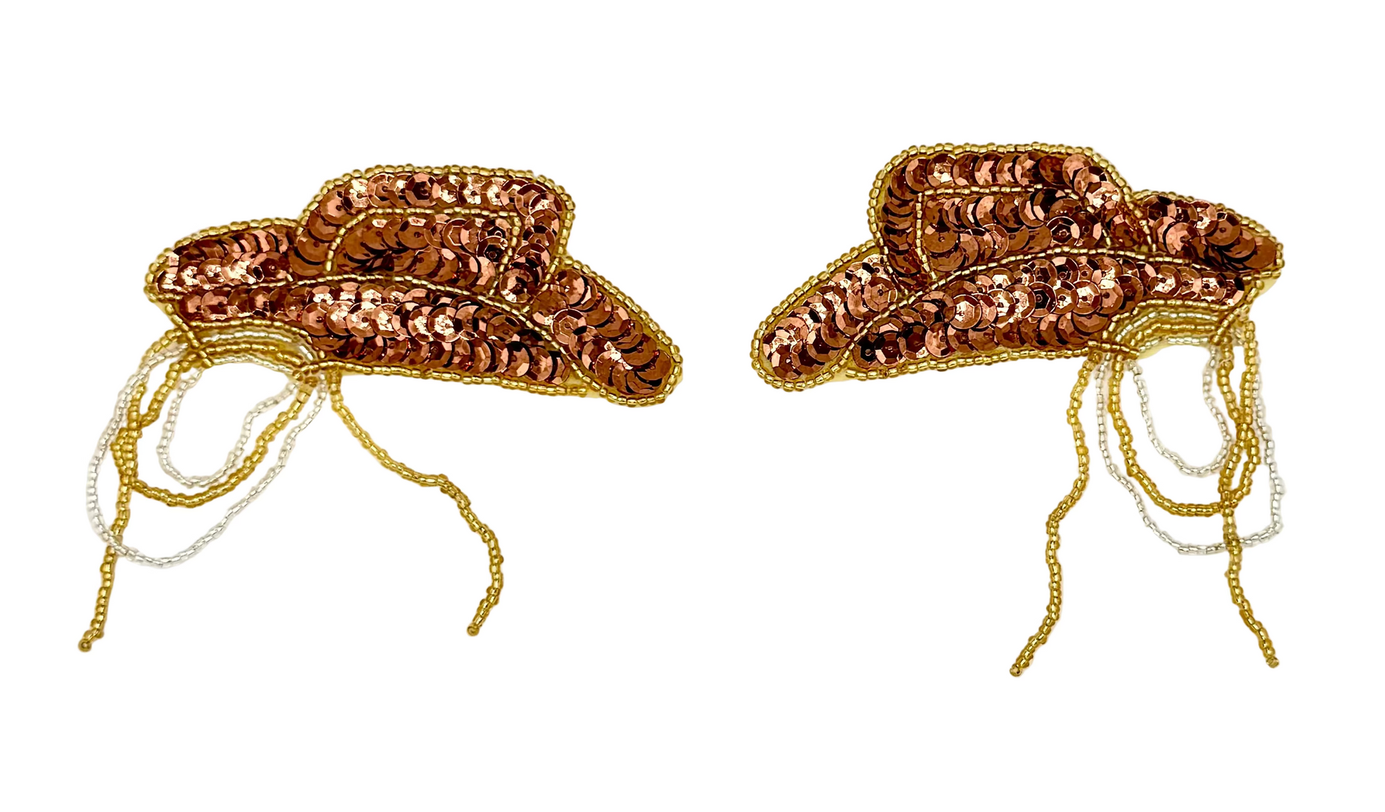 Pair of Bronze sequin and bead cowboy hats with rope on a white background