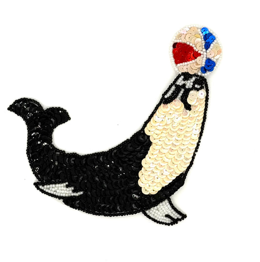 Seal Holding Up a Ball -  Black/Red/Blue/ and Iridescent Beige Sequins - Black and White Beads 5.75" X 5.5"