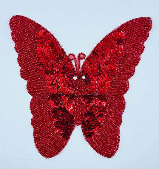 Butterfly with Red Sequins and Beads with Rhinestone Eyes 7" x 7"