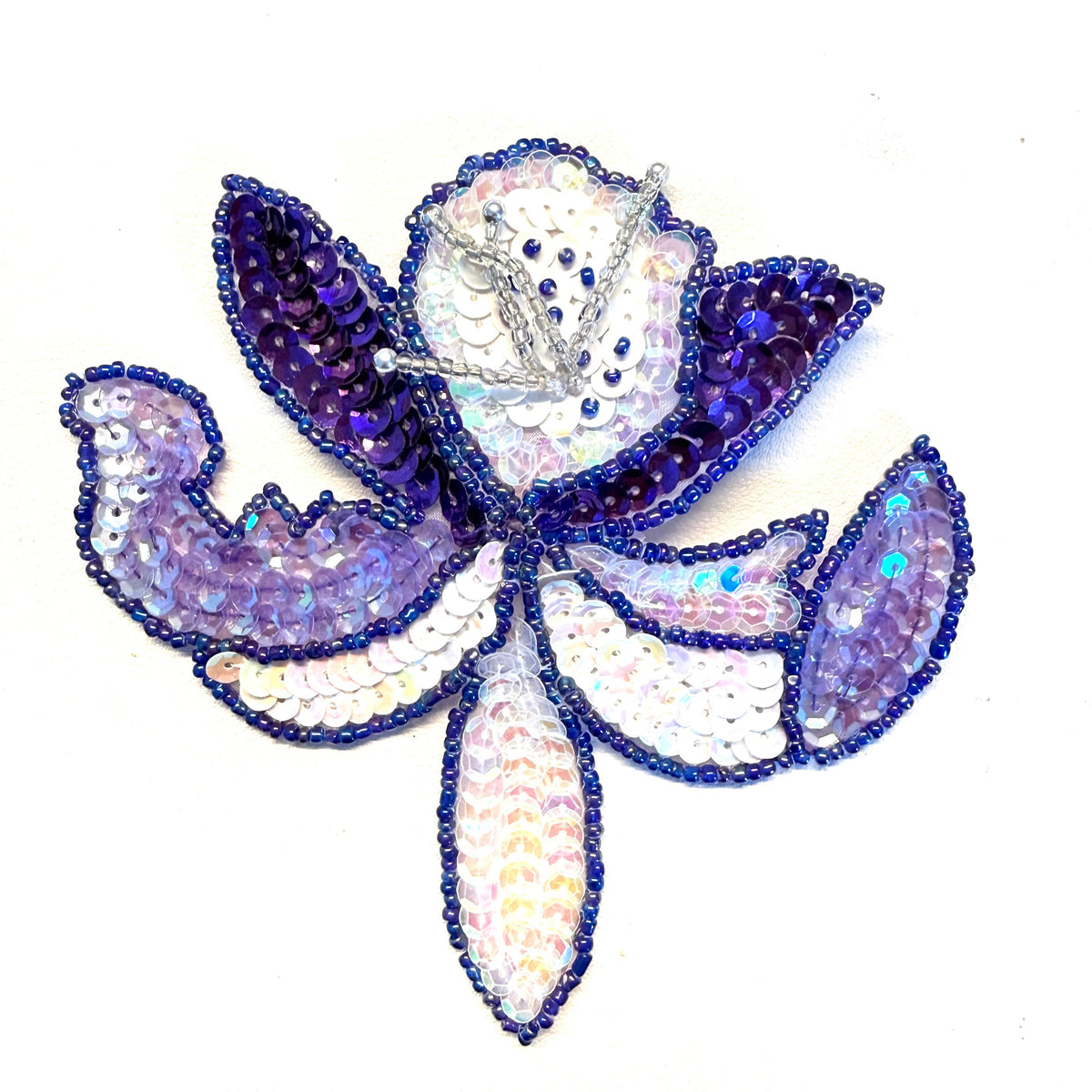 Purple & White Sequin Orchid Flower Appliqué, 4.5"
