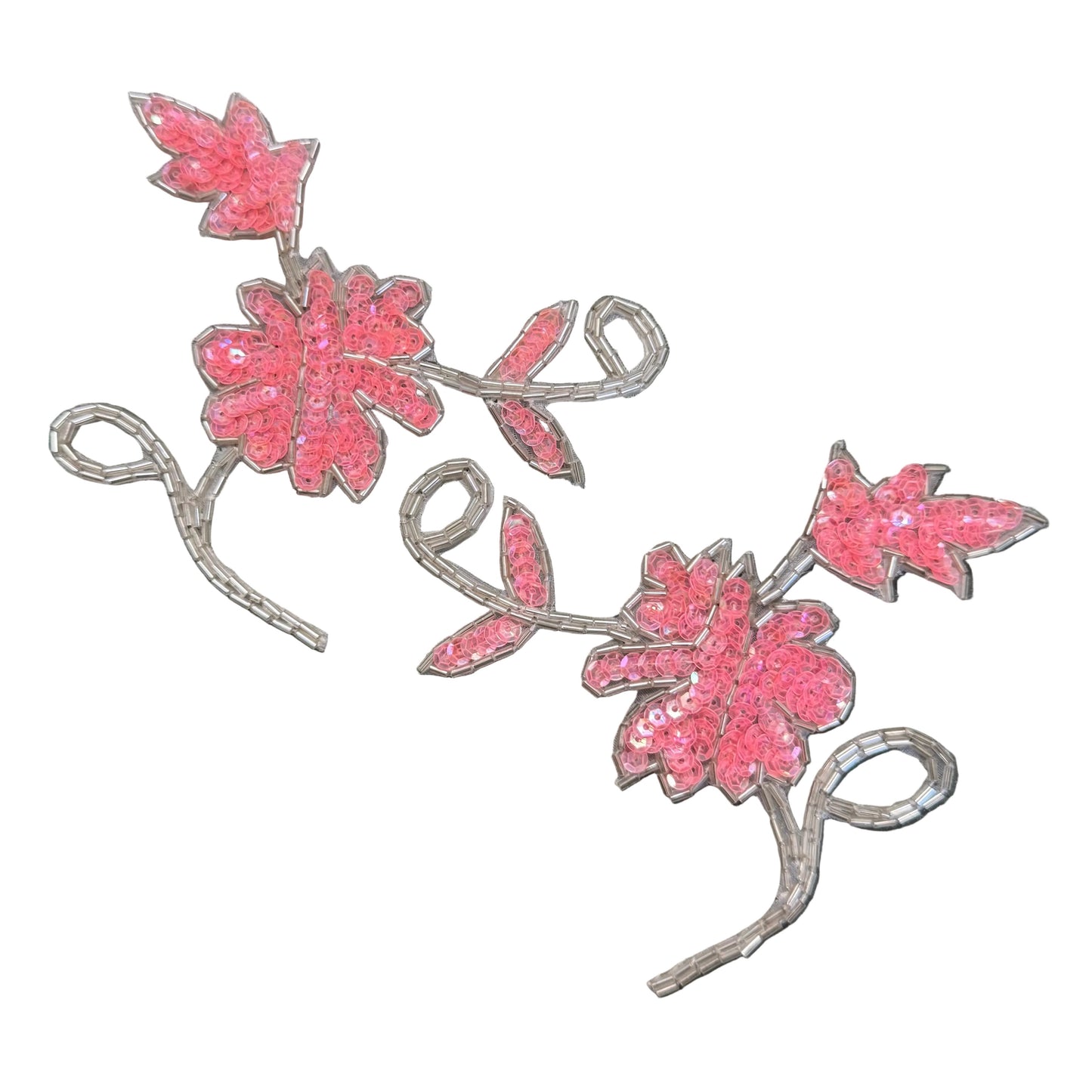 Flower Pair Appliqué  - Six Different Color Choice Sequins - Silver Beads 5" x 4.5"