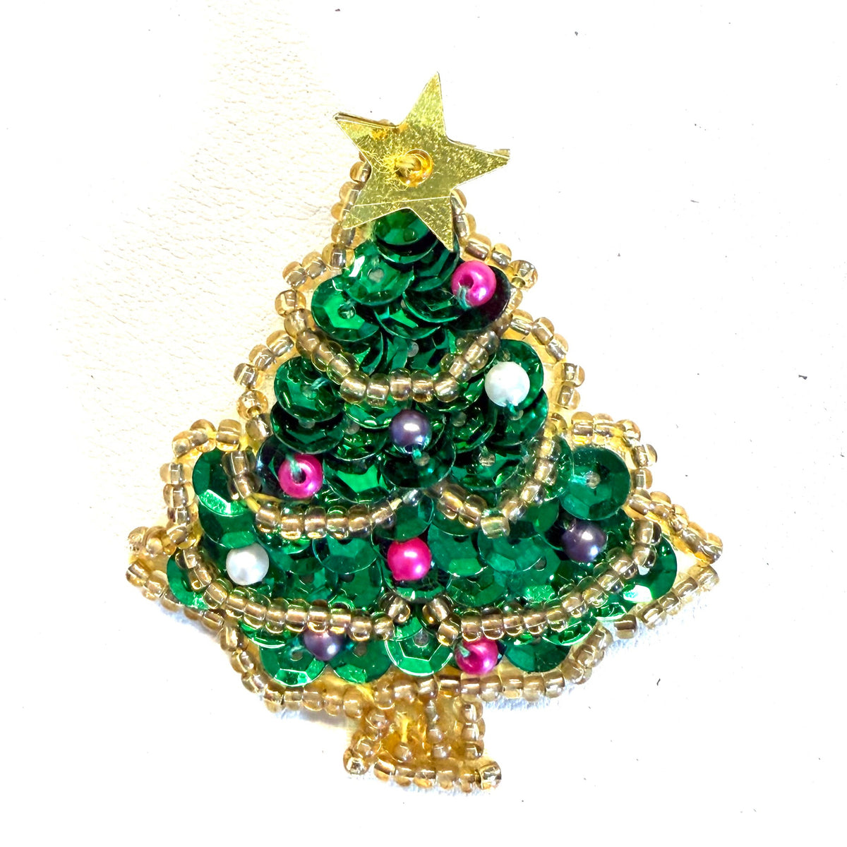 Christmas Tree Sequin & Glass Bead Appliqué with Gold Star, 1.75" x 1.75"