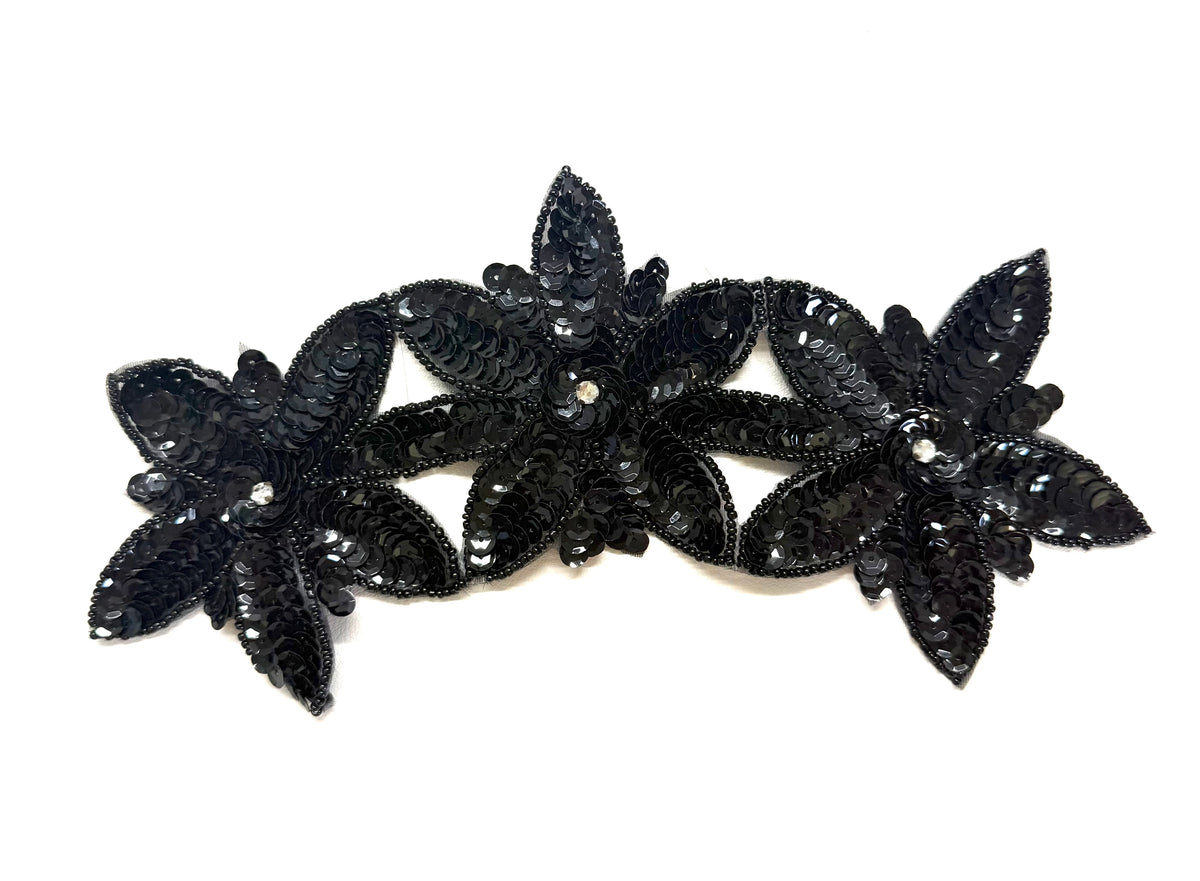 Triple Flower - Black Sequins - Glass Beads - Rhinestone Centers 9.5” x 4”