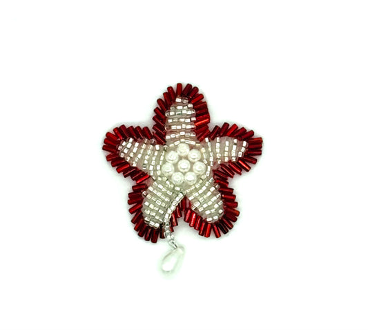 Epaulet Flower Red/Silver Beads - Pearls  2.5" x 2"