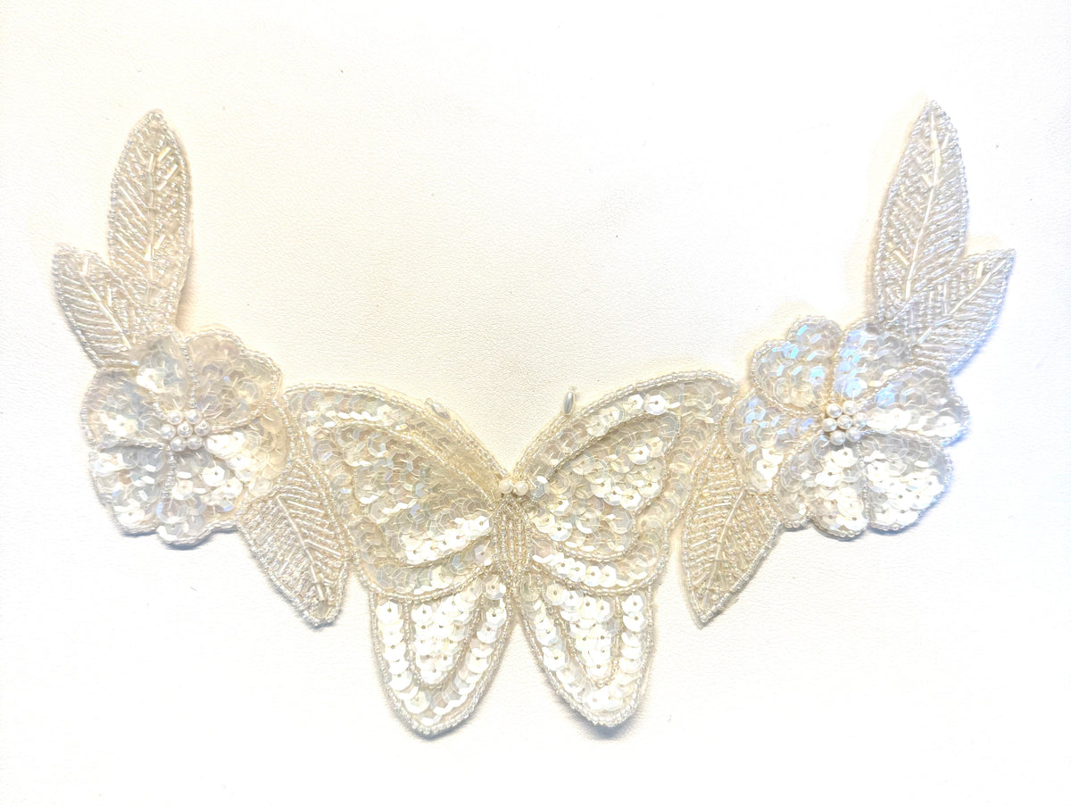 Escote floral con lentejuelas iridiscentes de mariposa y cuentas 28 cm x 15 cm