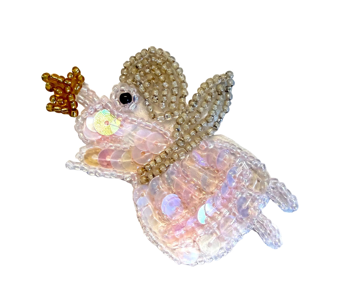 Flying Angel Appliqué with Iridescent Pink Sequins & Glass Beads, 2.75" x 1.75"