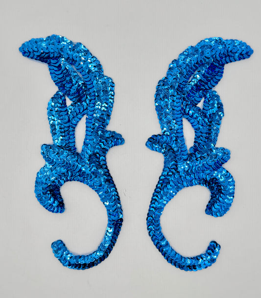 Designer Motif Appliqué Pair with Blue Sequins 8" x 3.25"
