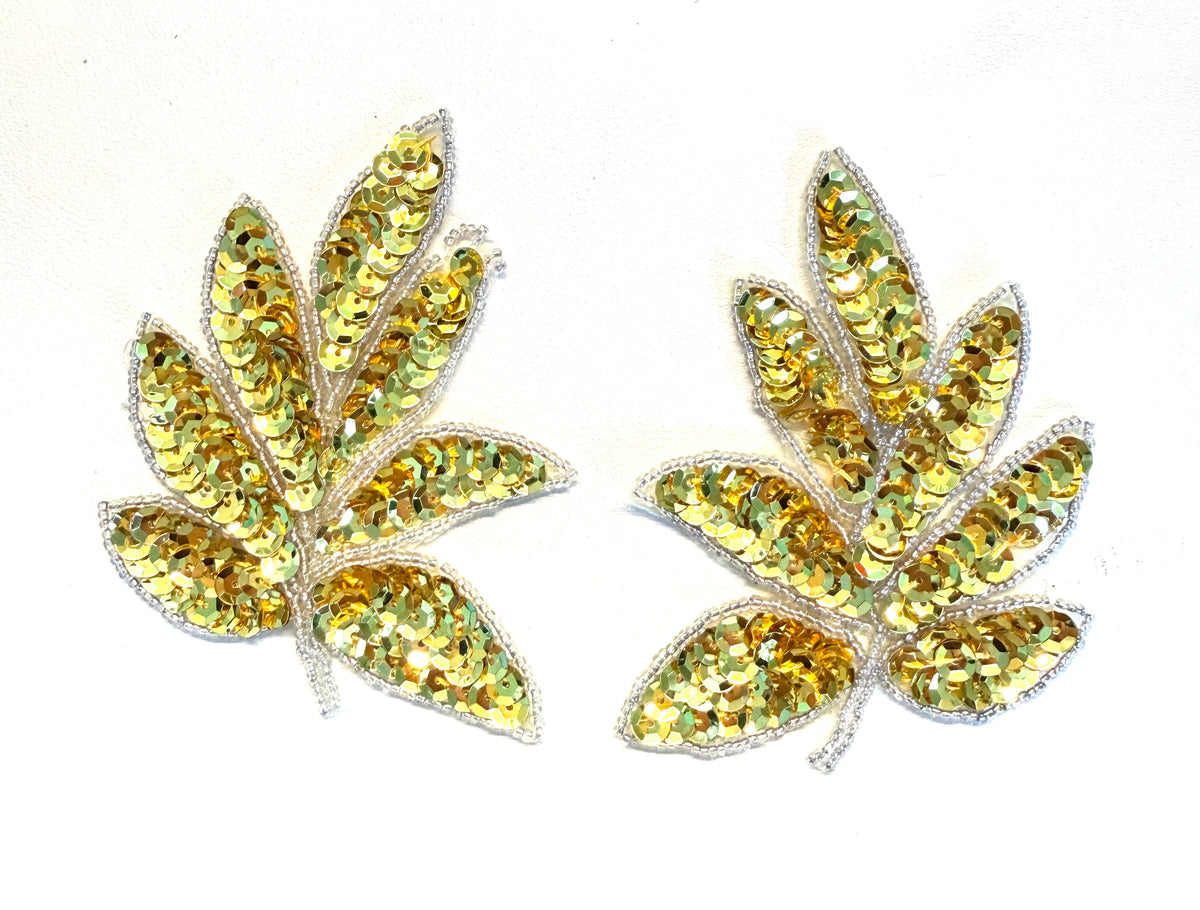 Leaf Appliqué Pair - Bright Gold Sequins - Silver Glass Beads 4" x 3.25"
