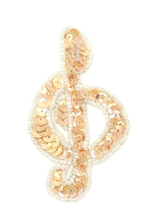 Treble Clef Appliqué Iridescent Beige Sequins with White Beaded Trim 3" x 1.75"