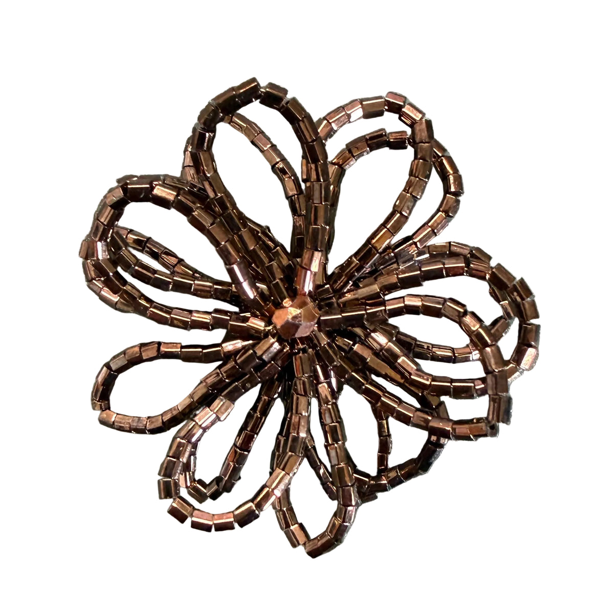 Bronze Bugle Bead Open-Work Flower Appliqué - Triple-Strand Loop Petals & Topaz Center 2"