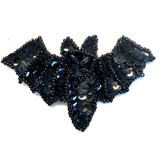 Halloween Bat Sequin Appliqué – Black Sequins & Black Faux Pearl Eyes – 3.25" x 2"