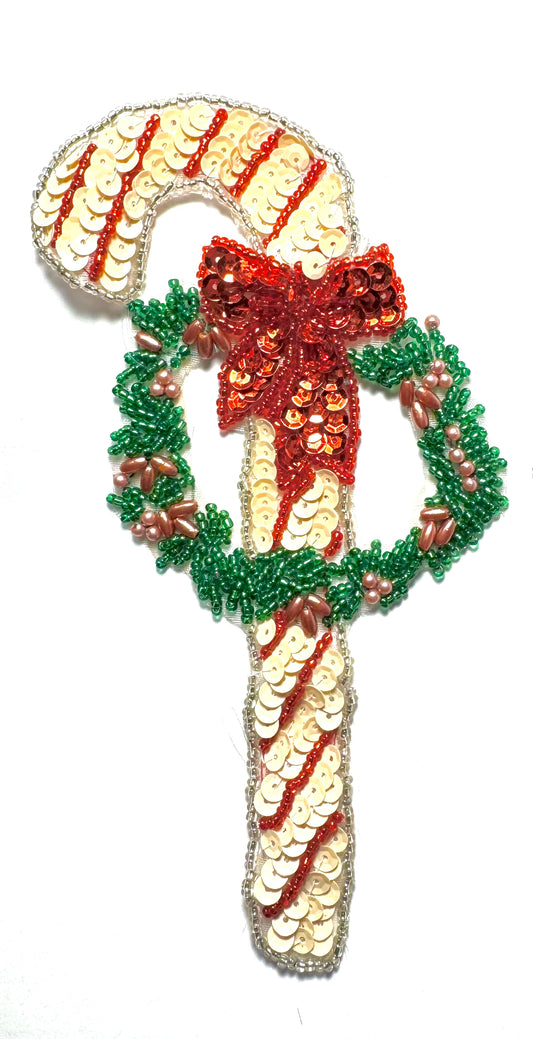 Vintage Candy Cane with Christmas Wreath, Sequin Beaded 6.5" X 3.5"
