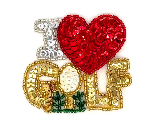 "AMO EL GOLF" Frase y Setos Verdes con Lentejuelas Doradas, Plateadas, Rojas y Crema - Cuentas Rojas, Plateadas, Doradas y Verdes 3" x 2.5"