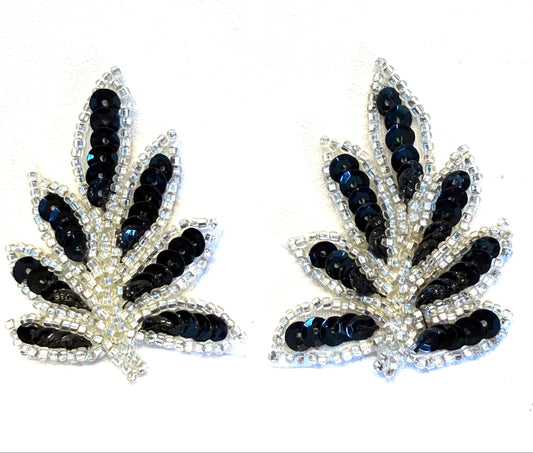 Black Sequin & Silver Beaded Leaf Appliqué Pair – 2" x 1.5"