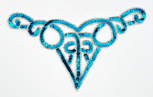 Designer Motif Neckline with Turquoise Sequins and Silver Beads 10.5" x 5"