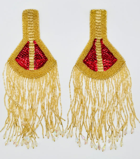 Epaulet Pair with Gold Beads and Red Sequins 10" x 3.5"