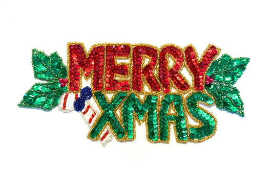 Merry XMAS Sequin and Bead Appliqué, Choice of Color