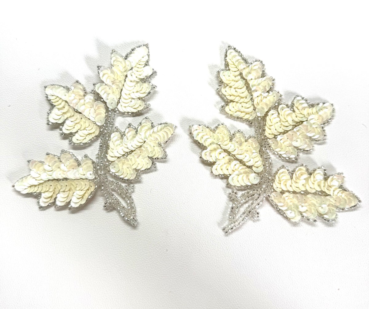 Leaf Pair Appliqué – Ivory Sequins & Crystal Beads | 4" × 3.75"