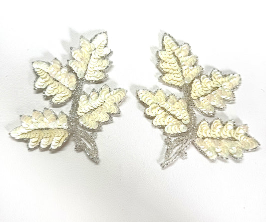 Leaf Pair Appliqué – Ivory Sequins & Crystal Beads | 4" × 3.75"