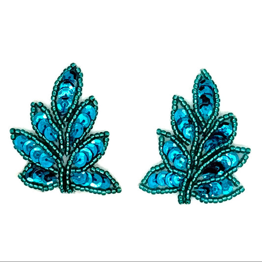Turquoise Sequin & Beaded Leaf Appliqué – 2" x 1.5"