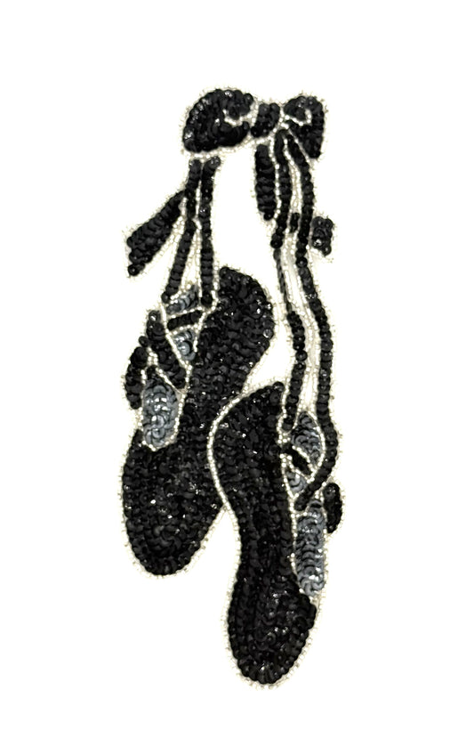 Ballet Slippers - Black/Silver Sequins - Silver Glass Beads  9" x 4"