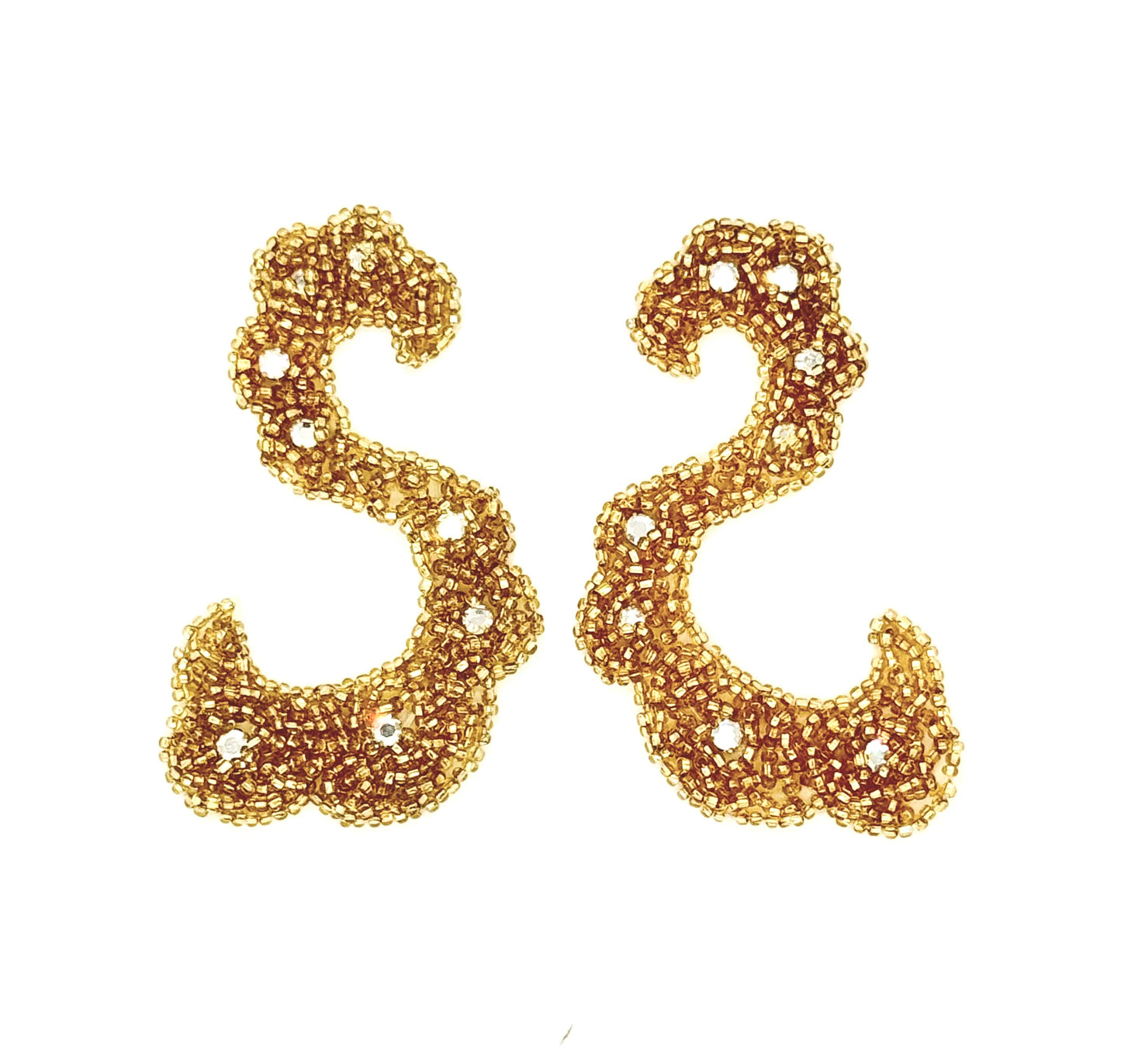 Designer Motif Swirl “S Shaped” Pair - Gold Glass Beads - AB Rhinestones 4" x 2"