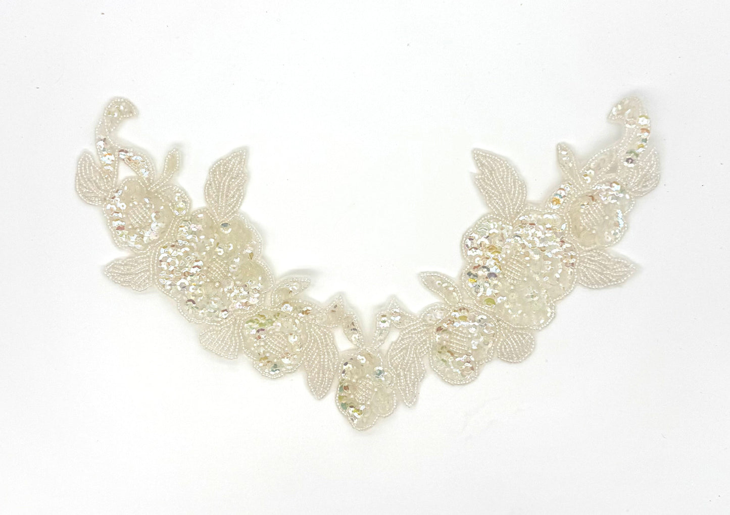 Designer motif Flower Neckpiece with Iridescent White Sequins and Beads 12" x 7"