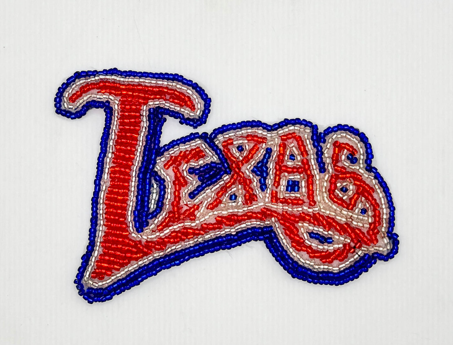 The Word “Texas” Appliqué - Red/Blue/Silver Beads 4.5" x 3"