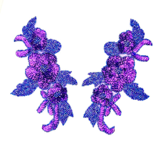 Flower Pair with Purple Sequins and Beaded Leaves 7.5" x 4.5" Choice of Bead Color: Blue Iridescent or Mauve