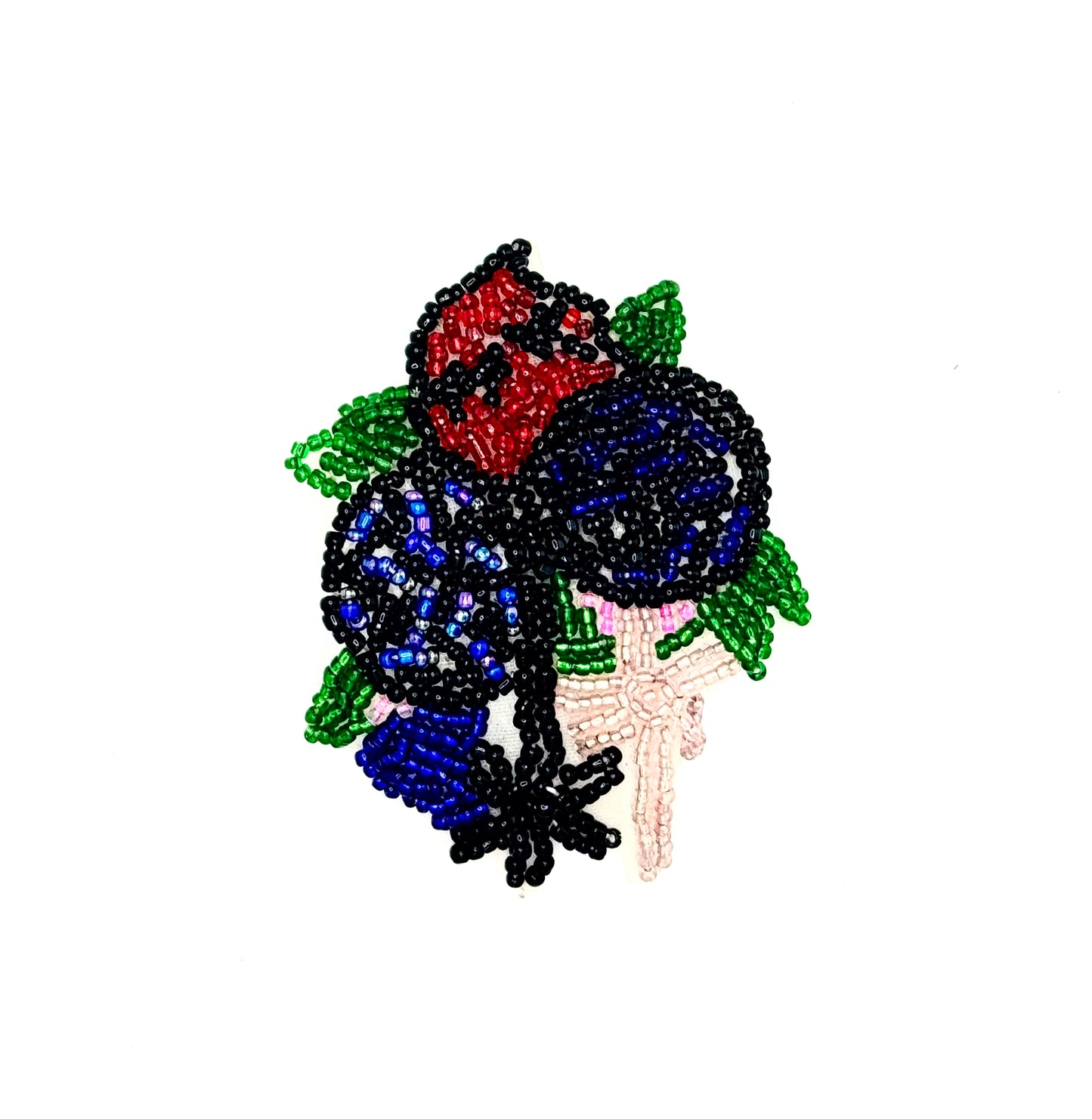 Aplique de flor y hojas con abalorios vintage con cuentas rojas, verdes, rosas, celestes, azul oscuro y negras de 2.5" x 2"