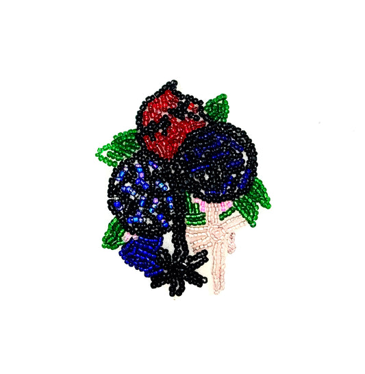 Vintage Beaded Flower with Leaves Appliqué with Red, Green, Pink, Light Blue, Dark Blue and Black Bead 2.5" x 2"