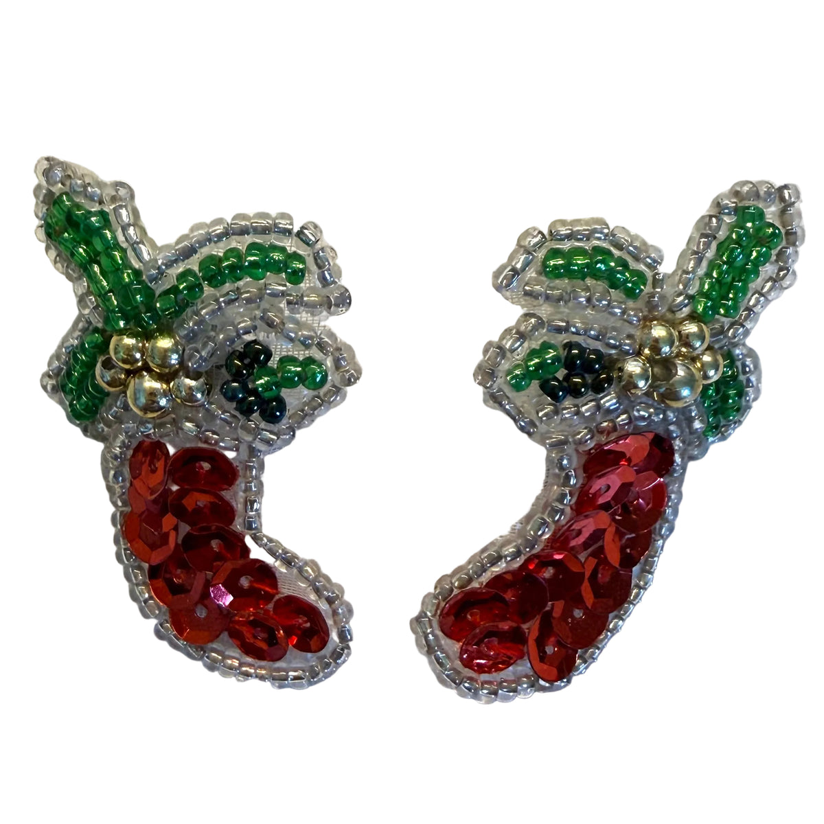 Christmas Stocking Sequin & Bead Earrings, Pair, 1.75" x 1"