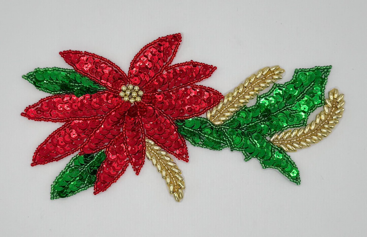 Flor de Pascua con cuentas doradas y lentejuelas rojas/verdes 10 cm x 19 cm