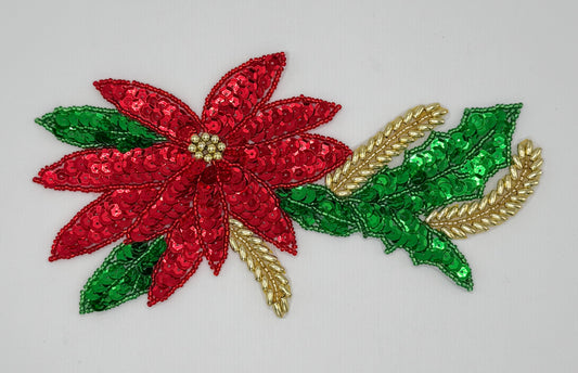 Poinsettia with Gold Beads and Red/Green Sequins 4" x 7.5"