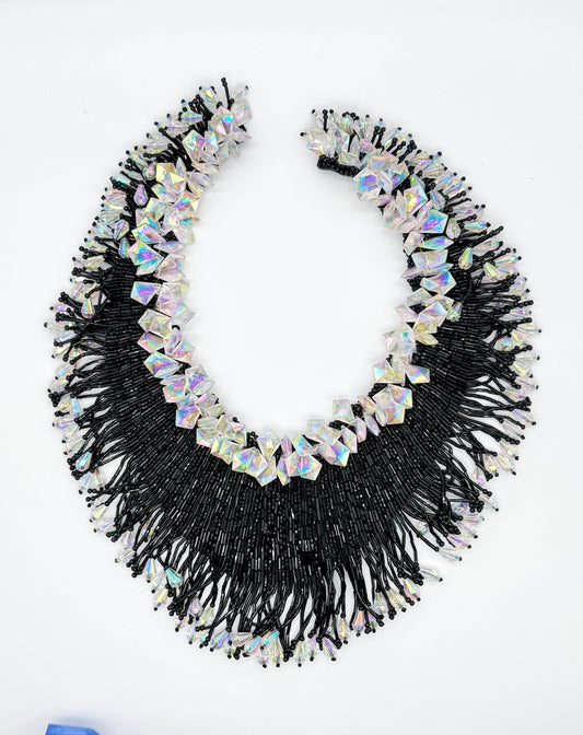 Designer Motif Neckline Black and Iridescent Beads 10"x12"