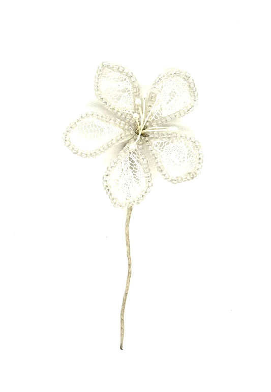 Ramo de novia con flor de encaje de Venecia blanca con perlas, 2" x 5"q